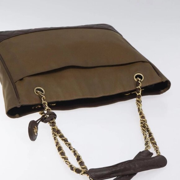 CHANEL Chain Tote Bag Coated Canvas Leather Brown Gold CC Auth bs26043 - Picture 7 of 14